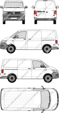 Volkswagen Transporter, T6, furgone, Normaldach, empattement court, Rear Wing Doors, 2 Sliding Doors (2015)