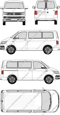 Volkswagen Transporter Caravelle, T6, minibus, normal roof, short wheelbase, Rear Wing Doors, 1 Sliding Door (2015)
