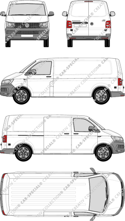 Volkswagen Transporter, T6, furgón, tejado normal, paso de rueda largo, Rear Wing Doors, 1 Sliding Door (2015)