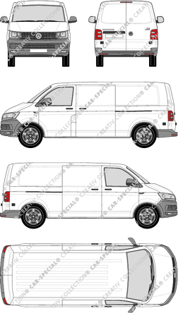 Volkswagen Transporter, T6, furgón, tejado normal, paso de rueda largo, Rear Wing Doors, 2 Sliding Doors (2015)