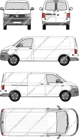 Volkswagen Transporter, T6, furgón, tejado normal, paso de rueda largo, ventana de parte trasera, Rear Wing Doors, 1 Sliding Door (2015)