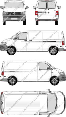 Volkswagen Transporter, T6, furgón, tejado normal, paso de rueda largo, ventana de parte trasera, Rear Wing Doors, 2 Sliding Doors (2015)