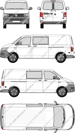 Volkswagen Transporter, T6, furgón, tejado normal, paso de rueda largo, ventana de parte trasera, cabina doble, Rear Wing Doors, 2 Sliding Doors (2015)