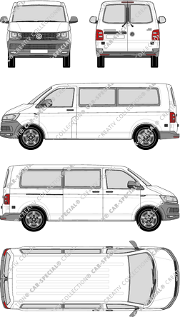 Volkswagen Transporter, T6, minibus, normal roof, long wheelbase, Rear Wing Doors, 1 Sliding Door (2015)