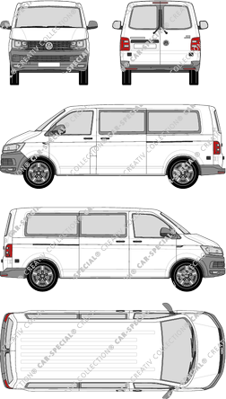 Volkswagen Transporter, T6, microbús, tejado normal, paso de rueda largo, Rear Wing Doors, 2 Sliding Doors (2015)