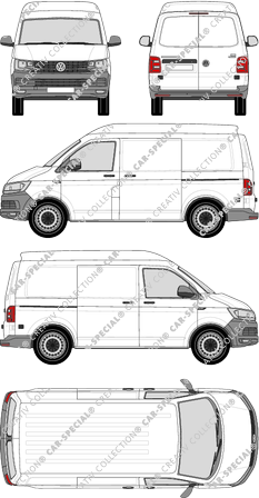 Volkswagen Transporter, T6, furgone, Mittelhochdach, empattement court, Rear Wing Doors, 2 Sliding Doors (2015)