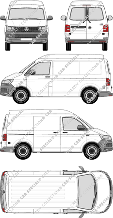Volkswagen Transporter, T6, furgón, alto tejado media, paso de rueda corto, ventana de parte trasera, Rear Wing Doors, 1 Sliding Door (2015)