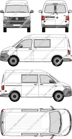 Volkswagen Transporter, T6, furgón, alto tejado media, paso de rueda corto, ventana de parte trasera, cabina doble, Rear Wing Doors, 1 Sliding Door (2015)