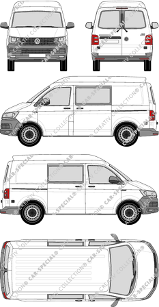 Volkswagen Transporter, T6, furgone, Mittelhochdach, empattement court, vitre arrière, Doppelkabine, Rear Wing Doors, 2 Sliding Doors (2015)