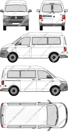 Volkswagen Transporter, T6, microbús, alto tejado media, paso de rueda corto, Rear Wing Doors, 1 Sliding Door (2015)