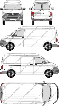 Volkswagen Transporter, T6, furgón, alto tejado media, paso de rueda largo, ventana de parte trasera, Rear Wing Doors, 1 Sliding Door (2015)