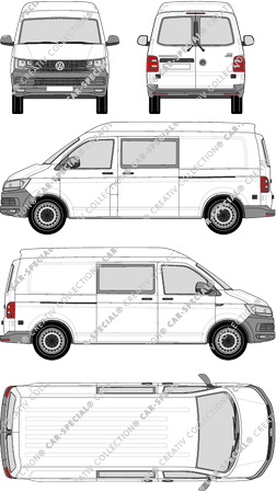 Volkswagen Transporter, T6, fourgon, toit intermédiaire, langer Radstand, Heck verglast, double cabine, Rear Wing Doors, 2 Sliding Doors (2015)