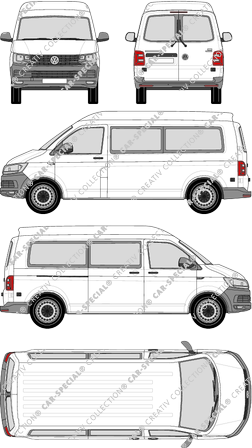 Volkswagen Transporter, T6, microbús, alto tejado media, paso de rueda largo, Rear Wing Doors, 1 Sliding Door (2015)