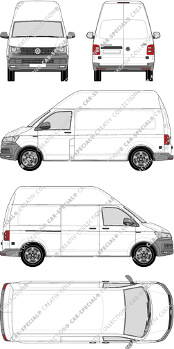 Volkswagen Transporter, T6, van/transporter, high roof, long wheelbase, Rear Wing Doors, 1 Sliding Door (2015)