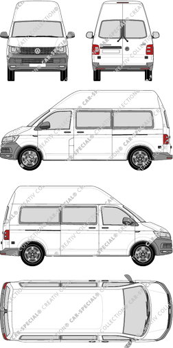Volkswagen Transporter, T6, microbús, tejado alto, paso de rueda largo, Rear Wing Doors, 2 Sliding Doors (2015)