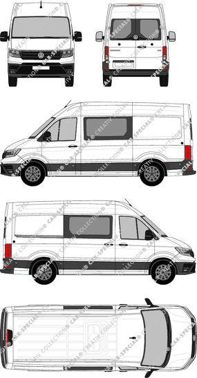 Volkswagen Crafter, Hochdach, Kastenwagen, L3H3, Radstand mittellang, Heck verglast, Doppelkabine, Rear Wing Doors, 1 Sliding Door (2017)