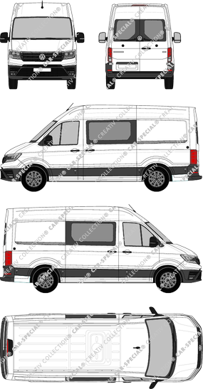 Volkswagen Crafter, toit haut, furgone, L3H3, empattement  moyen, vitre arrière, Doppelkabine, Rear Wing Doors, 2 Sliding Doors (2017)