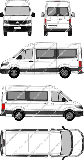 Volkswagen Crafter, tejado alto, microbús, L3H3, paso de rueda medio, Rear Wing Doors, 1 Sliding Door (2017)