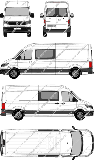Volkswagen Crafter, tejado alto, furgón, L4H3, paso de rueda largo, ventana de parte trasera, cabina doble, Rear Wing Doors, 1 Sliding Door (2017)