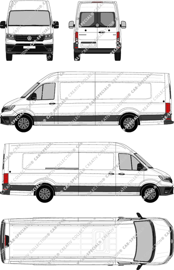 Volkswagen Crafter, toit haut, furgone, L5H3, empattement long surplus, vitre arrière, Rear Wing Doors, 1 Sliding Door (2017)