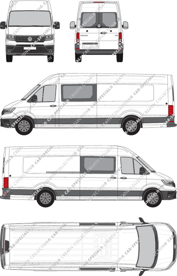 Volkswagen Crafter, Hochdach, Kastenwagen, L5H3, Radstand lang plus, Heck verglast, Doppelkabine, Rear Wing Doors, 1 Sliding Door (2017)