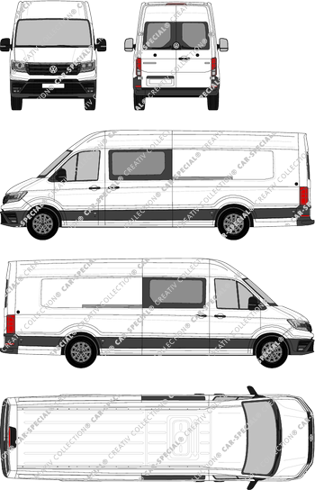 Volkswagen Crafter, high roof, van/transporter, L5H3, long wheelbase with overlap, rear window, double cab, Rear Wing Doors, 2 Sliding Doors (2017)