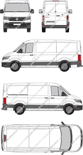 Volkswagen Crafter, tejado normal, furgón, L3H2, paso de rueda medio, Rear Wing Doors, 1 Sliding Door (2017)