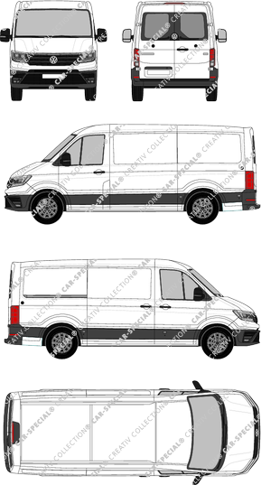 Volkswagen Crafter, toit normal, furgone, L3H2, empattement  moyen, vitre arrière, Rear Wing Doors, 1 Sliding Door (2017)