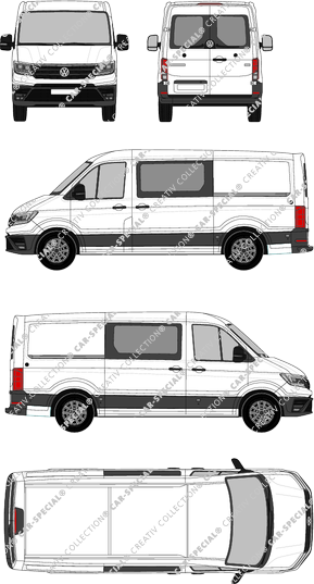 Volkswagen Crafter, Normaldach, Kastenwagen, L3H2, Radstand mittellang, Heck verglast, Doppelkabine, Rear Wing Doors, 2 Sliding Doors (2017)