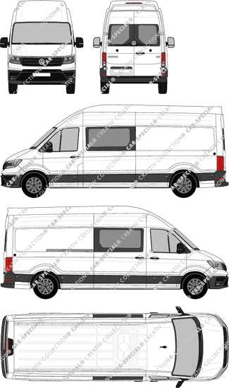 Volkswagen Crafter, tejado muy alto, furgón, L4H4, largo, ventana de parte trasera, cabina doble, Rear Wing Doors, 1 Sliding Door (2017)