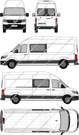 Volkswagen Crafter, Superhochdach, Kastenwagen, L4H4, Lang, Heck verglast, Doppelkabine, Rear Wing Doors, 1 Sliding Door (2017)