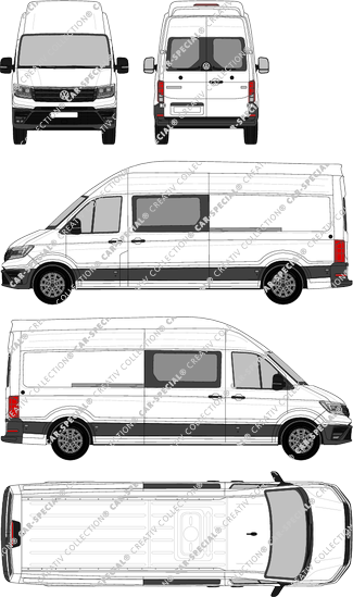 Volkswagen Crafter, tejado muy alto, furgón, L4H4, largo, ventana de parte trasera, cabina doble, Rear Wing Doors, 2 Sliding Doors (2017)