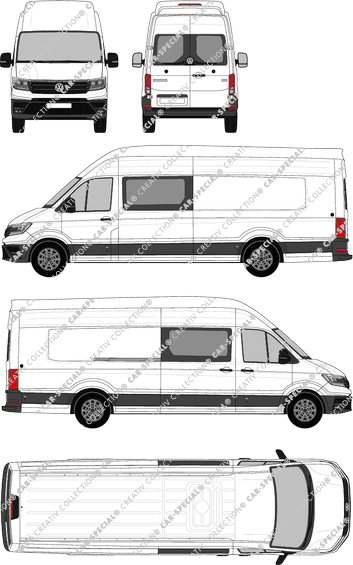 Volkswagen Crafter, super high roof, van/transporter, L5H4, long wheelbase with overlap, rear window, double cab, Rear Wing Doors, 1 Sliding Door (2017)