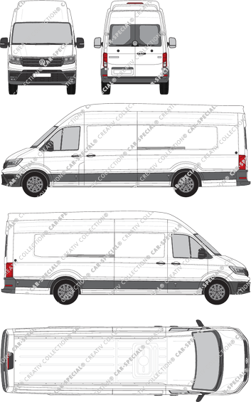 Volkswagen Crafter, Superhochdach, Kastenwagen, L5H4, lang plus, Heck verglast, Rear Wing Doors, 2 Sliding Doors (2017)