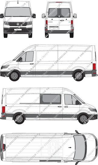 Volkswagen Crafter, tejado alto, furgón, L4H3, paso de rueda largo, Heck verglast, rechts teilverglast, Rear Wing Doors, 1 Sliding Door (2017)