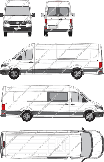 Volkswagen Crafter, Hochdach, Kastenwagen, L5H3, Radstand lang plus, Heck verglast, rechts teilverglast, Rear Wing Doors, 1 Sliding Door (2017)