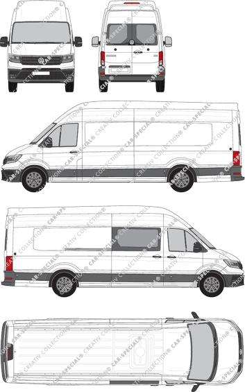 Volkswagen Crafter, tejado muy alto, furgón, L5H4, paso de rueda largo plus, Heck verglast, rechts teilverglast, Rear Wing Doors, 1 Sliding Door (2017)