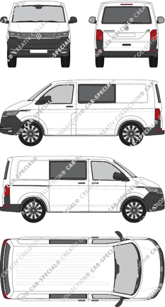 Volkswagen Transporter, T6.1, furgone, Normaldach, empattement court, vitre arrière, Doppelkabine, Rear Flap, 1 Sliding Door (2019)