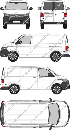 Volkswagen Transporter, T6.1, furgón, tejado normal, paso de rueda corto, ventana de parte trasera, Rear Wing Doors, 2 Sliding Doors (2019)