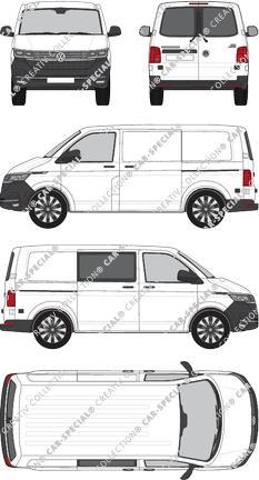 Volkswagen Transporter, T6.1, furgone, Normaldach, empattement court, Heck verglast, rechts teilverglast, Rear Wing Doors, 2 Sliding Doors (2019)