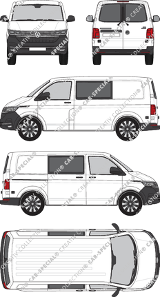 Volkswagen Transporter, T6.1, furgone, Normaldach, empattement court, vitre arrière, Doppelkabine, Rear Wing Doors, 1 Sliding Door (2019)