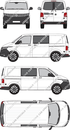 Volkswagen Transporter, T6.1, furgón, tejado normal, paso de rueda corto, ventana de parte trasera, cabina doble, Rear Wing Doors, 2 Sliding Doors (2019)