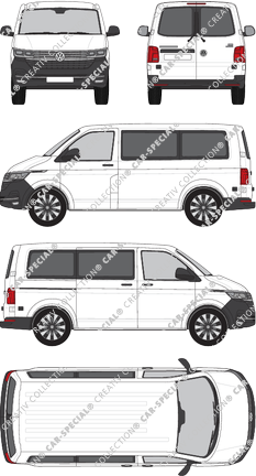 Volkswagen Transporter, T6.1, minibus, normal roof, short wheelbase, Rear Wing Doors, 1 Sliding Door (2019)