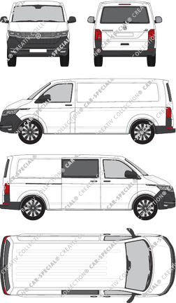 Volkswagen Transporter, T6.1, furgón, tejado normal, paso de rueda largo, Heck verglast, rechts teilverglast, Rear Flap, 1 Sliding Door (2019)