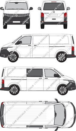 Volkswagen Transporter, T6.1, fourgon, toit normal, langer Radstand, Heck verglast, rechts teilverglast, Rear Flap, 2 Sliding Doors (2019)