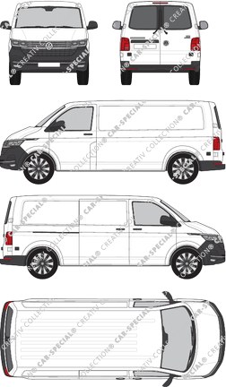 Volkswagen Transporter, T6.1, furgone, Normaldach, empattement long, vitre arrière, Rear Wing Doors, 1 Sliding Door (2019)