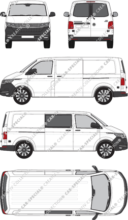 Volkswagen Transporter, T6.1, furgone, Normaldach, empattement long, Heck verglast, rechts teilverglast, Rear Wing Doors, 2 Sliding Doors (2019)