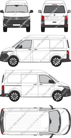 Volkswagen Transporter, T6.1, furgone, Mittelhochdach, empattement court, vitre arrière, Rear Flap, 2 Sliding Doors (2019)