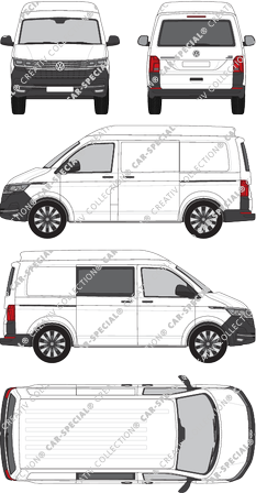 Volkswagen Transporter, T6.1, furgone, Mittelhochdach, empattement court, Heck verglast, rechts teilverglast, Rear Flap, 2 Sliding Doors (2019)