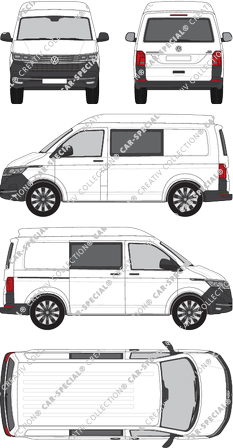 Volkswagen Transporter, T6.1, fourgon, toit intermédiaire, kurzer Radstand, Heck verglast, double cabine, Rear Flap, 1 Sliding Door (2019)